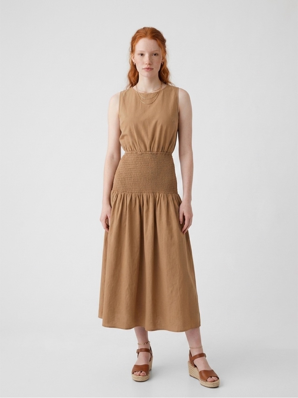 NWT Lulus Melina Light Brown Backless Drop Waist Midi Dress Sz M
